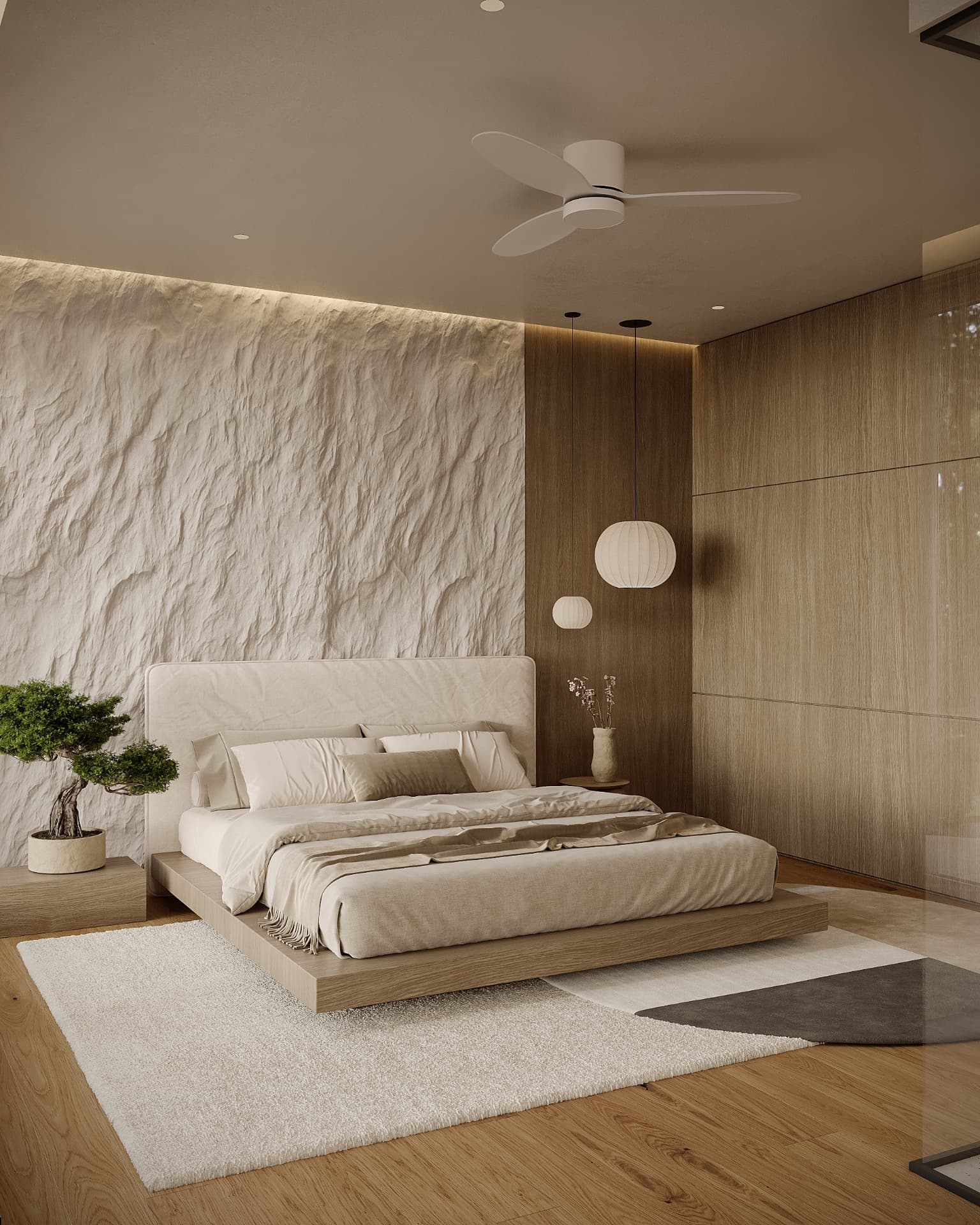 Master bedroom with stone feature wall and wooden panelling