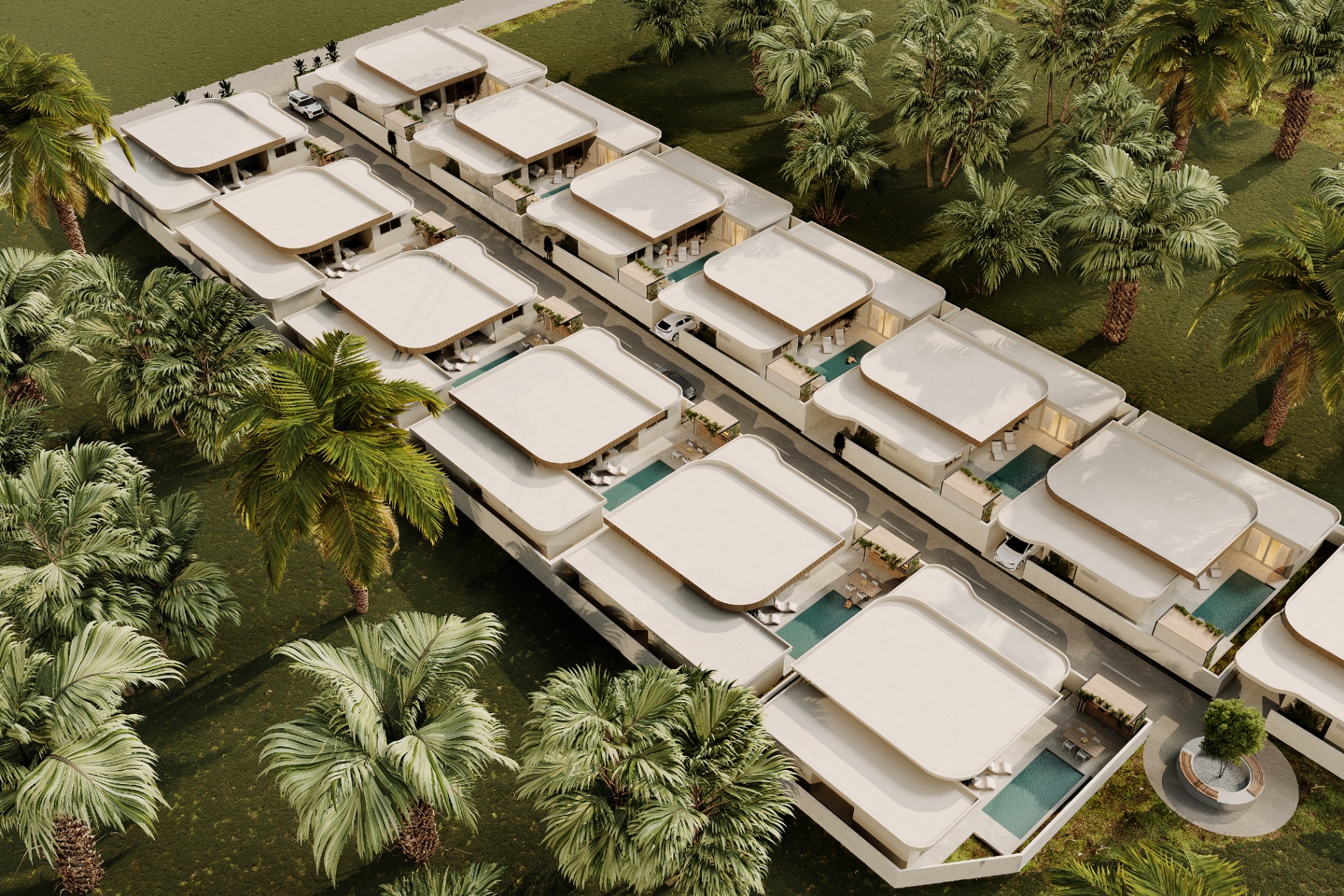 Aerial view of the Green View Valley masterplan — rows of private-pool villas