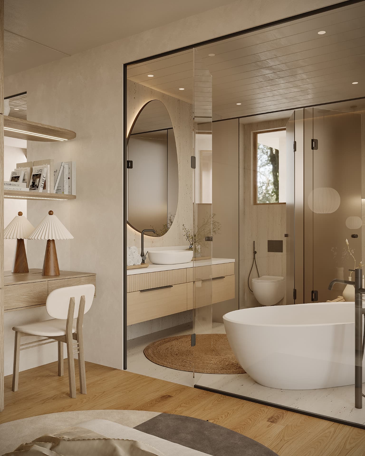 Open master bathroom with freestanding tub and double vanity