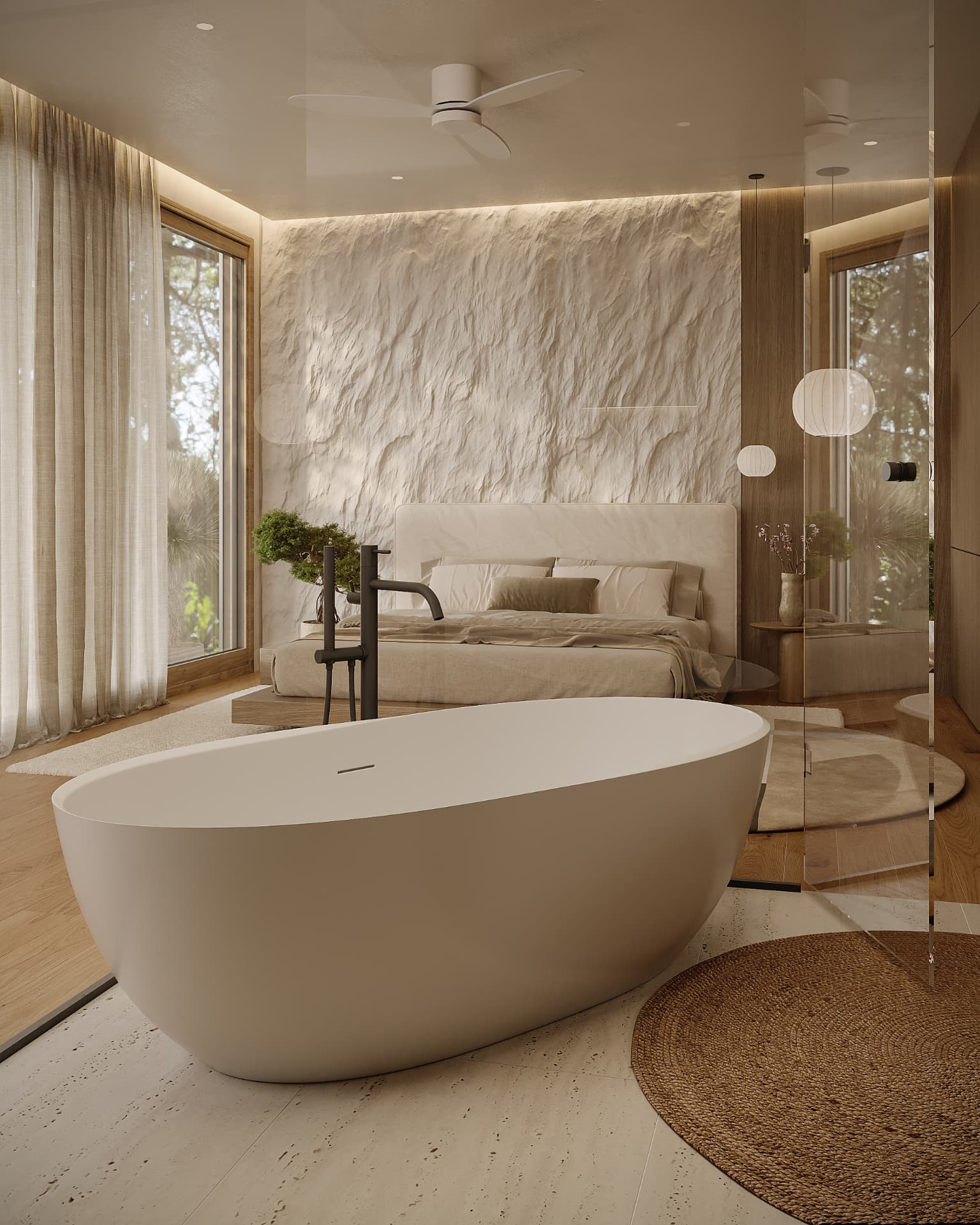 Master bedroom with freestanding bath behind glass